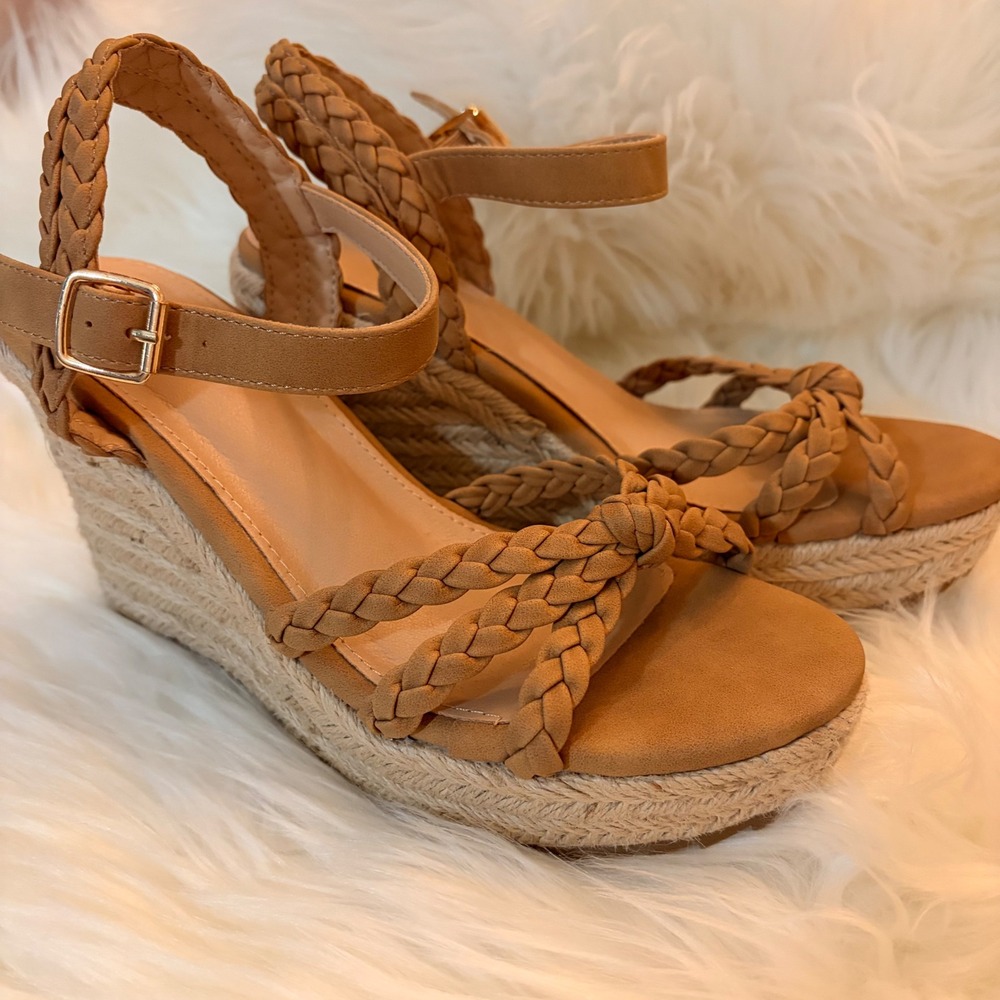 Unbranded Espadrille Wedge Sandals Womens 7.5 Tan Braided Platform Ankle Strap
